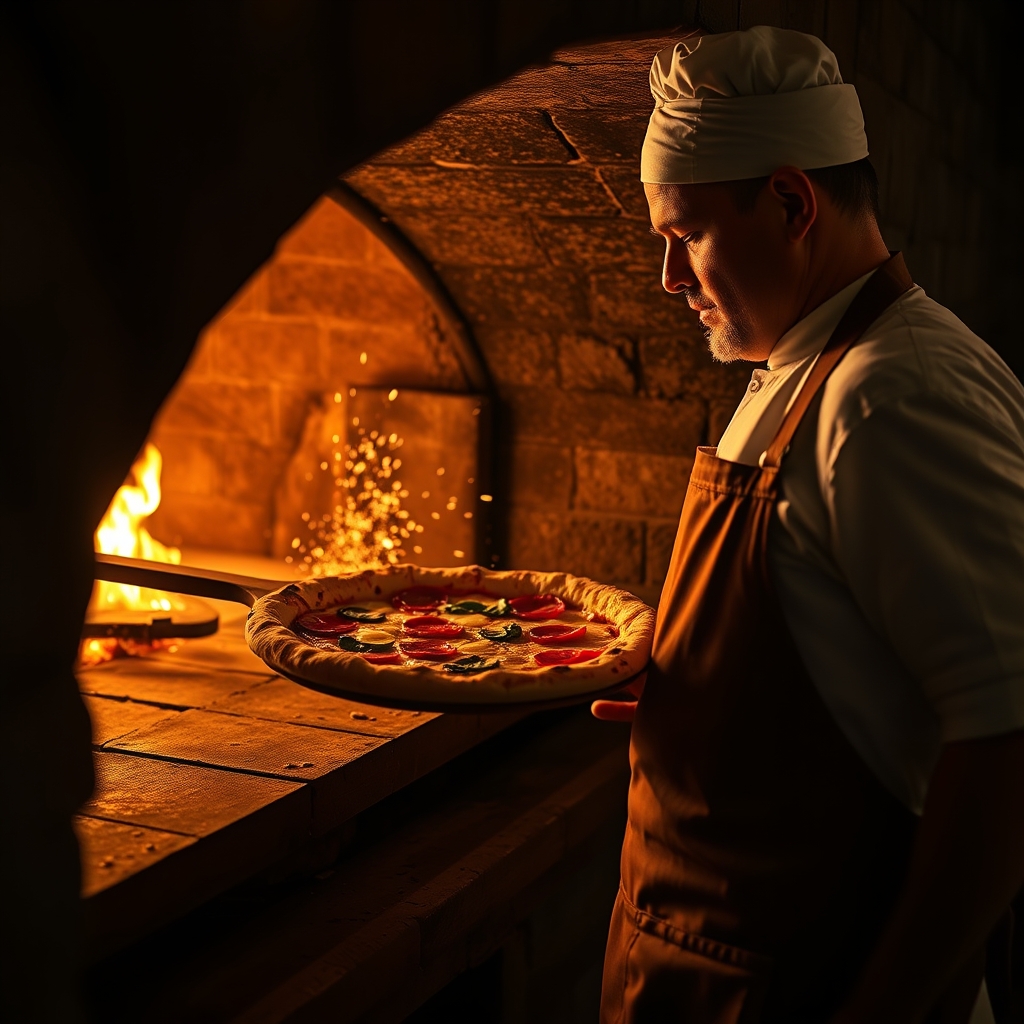 Pizzaiolo taking a pizza from the wood-fired oven