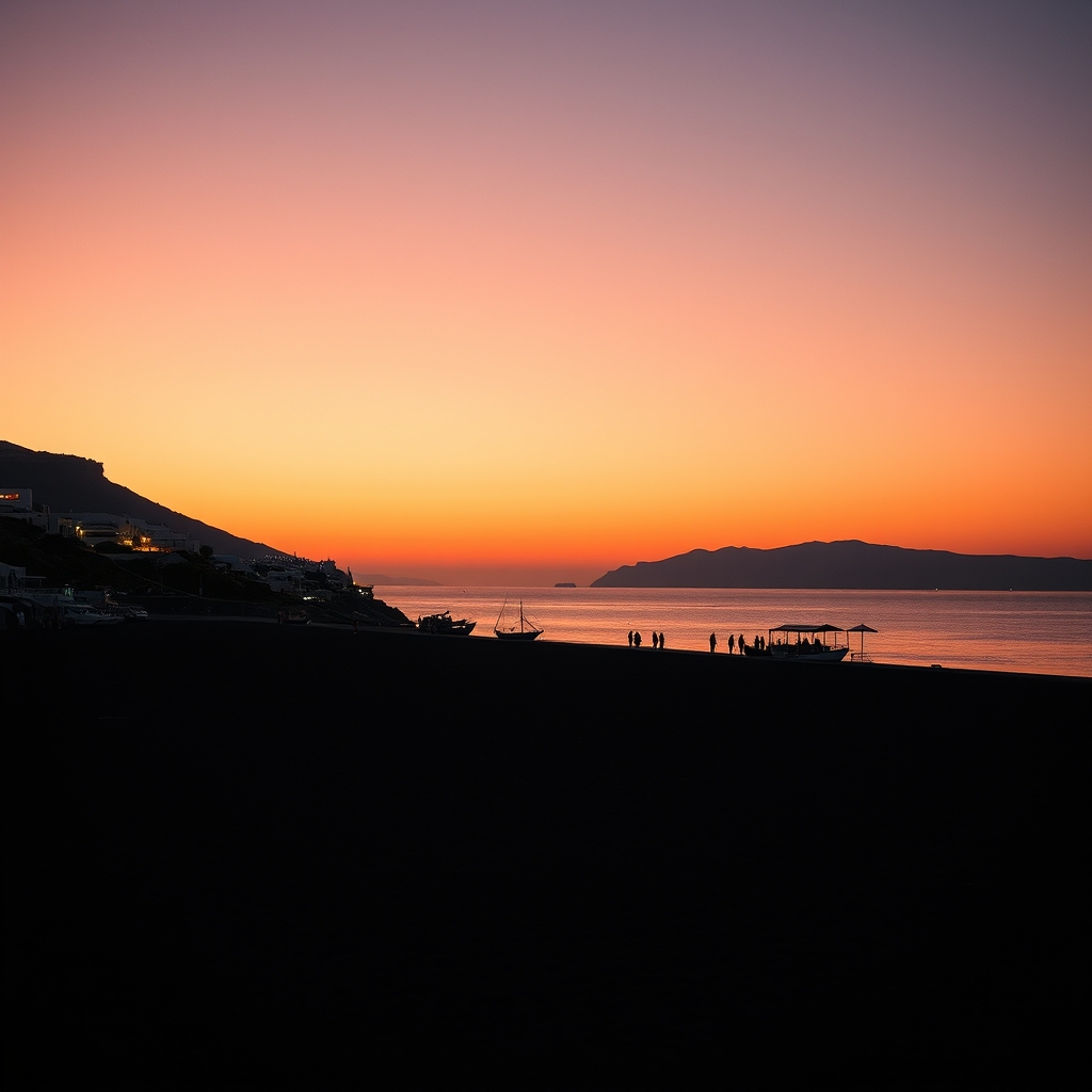 Kamari beach in Santorini at golden hour