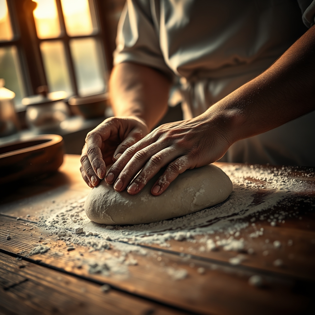 Hands kneading fresh pizza dough at il Forno